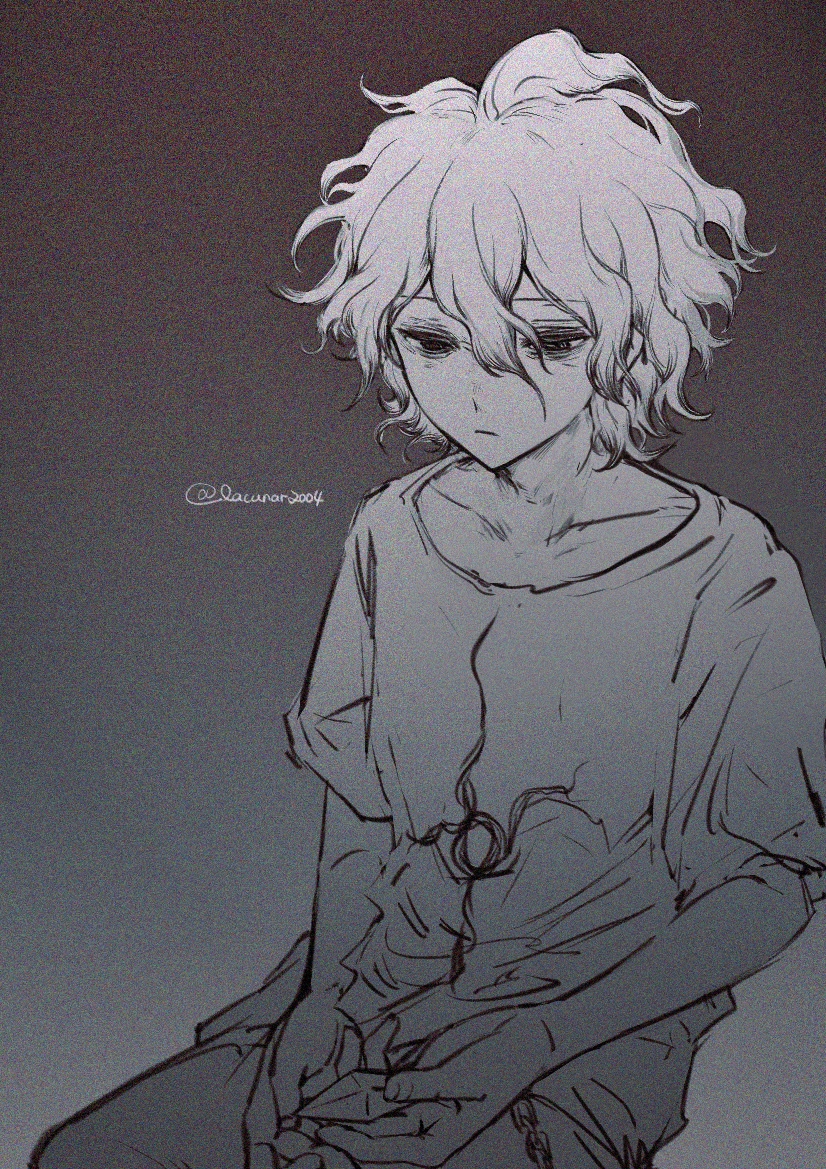 1boy bangs closed_mouth collarbone danganronpa_(series) danganronpa_2:_goodbye_despair gradient gradient_background grey_background greyscale hair_between_eyes holding komaeda_nagito liang_cun_rakuna medium_hair messy_hair monochrome no_jacket own_hands_together print_shirt shirt short_sleeves sitting solo