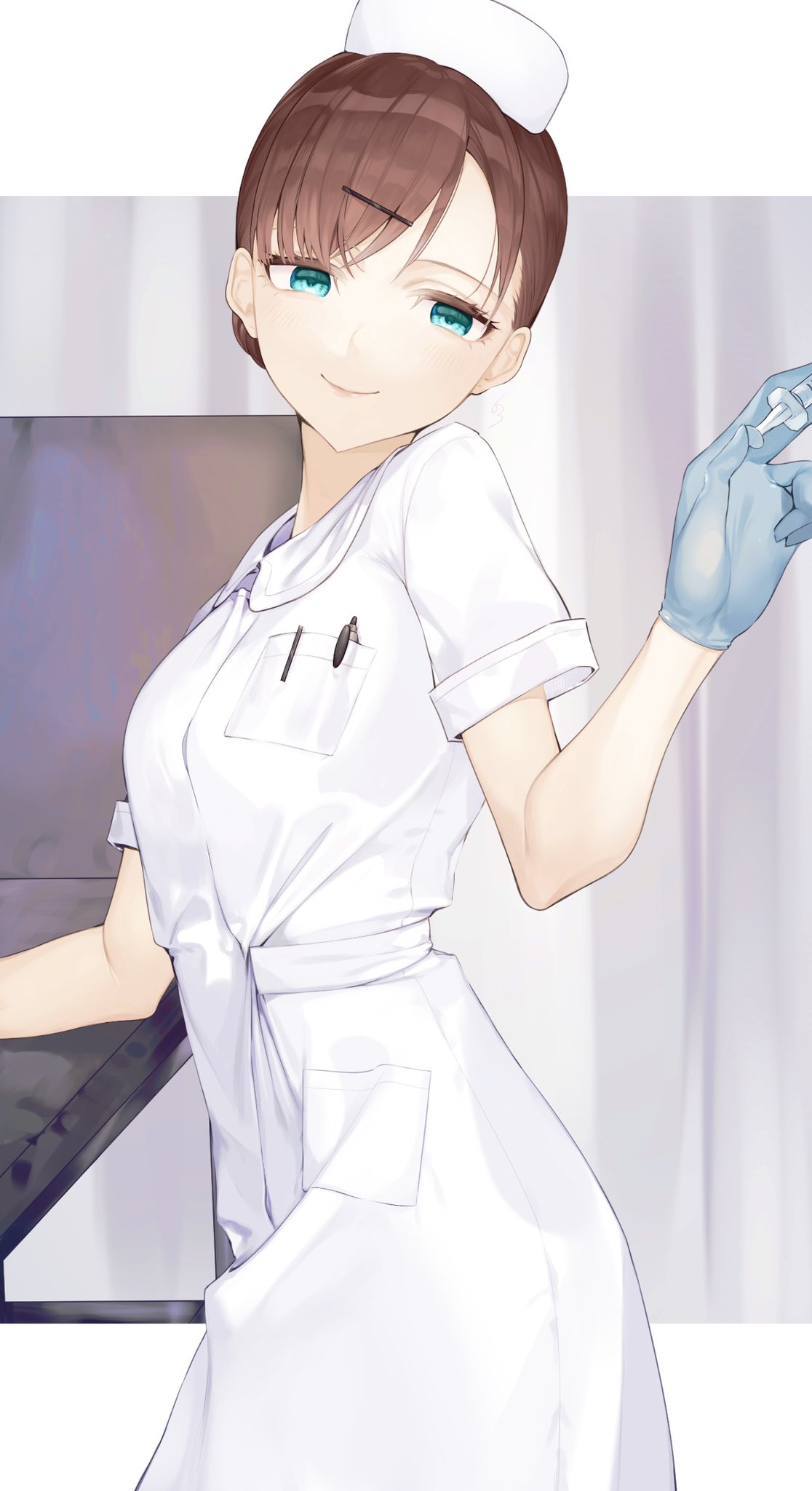 1girl brown_hair dress gloves green_eyes hat highres holding holding_syringe idolmaster idolmaster_cinderella_girls koyo_akio latex latex_gloves looking_at_viewer nurse nurse_cap sakuma_mayu short_sleeves smile solo syringe white_dress