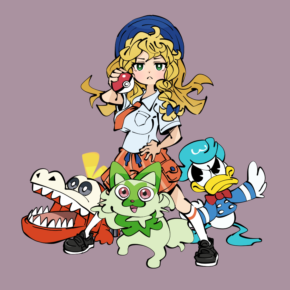 1boy 1girl :&lt; bangs bird blue_bow blue_headwear blush bow bowtie braid cat closed_mouth collared_shirt cookie_(touhou) cosplay crocodile crocodilian disney donald_duck duck female_protagonist_(pokemon_sv) female_protagonist_(pokemon_sv)_(cosplay) fuecoco full_body futaba_channel genba_neko gram_9 green_eyes hair_bow hand_on_hip holding holding_poke_ball hungry_hungry_hippos kirisame_marisa long_hair looking_at_viewer mars_(cookie) necktie orange_necktie orange_skirt pointing poke_ball pokemon pokemon_(game) pokemon_sv purple_background quaxly quaxly_(cosplay) red_bow red_bowtie shirt side_braid simple_background single_braid skirt sprigatito standing touhou white_shirt