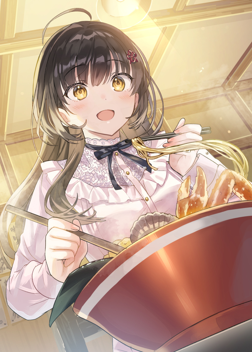 1girl :d ahoge bangs black_ribbon blush bowl brown_hair chopsticks dutch_angle flower_knot food frilled_shirt frills hair_between_eyes hair_ornament highres holding holding_chopsticks holding_spoon indoors lace-trimmed_collar lace_trim long_hair long_sleeves looking_at_viewer multicolored_hair neck_ribbon noodles open_mouth original pink_shirt ribbon shirt sidelocks smile solo spoon steam streaked_hair tan_(tangent) upper_body yellow_eyes