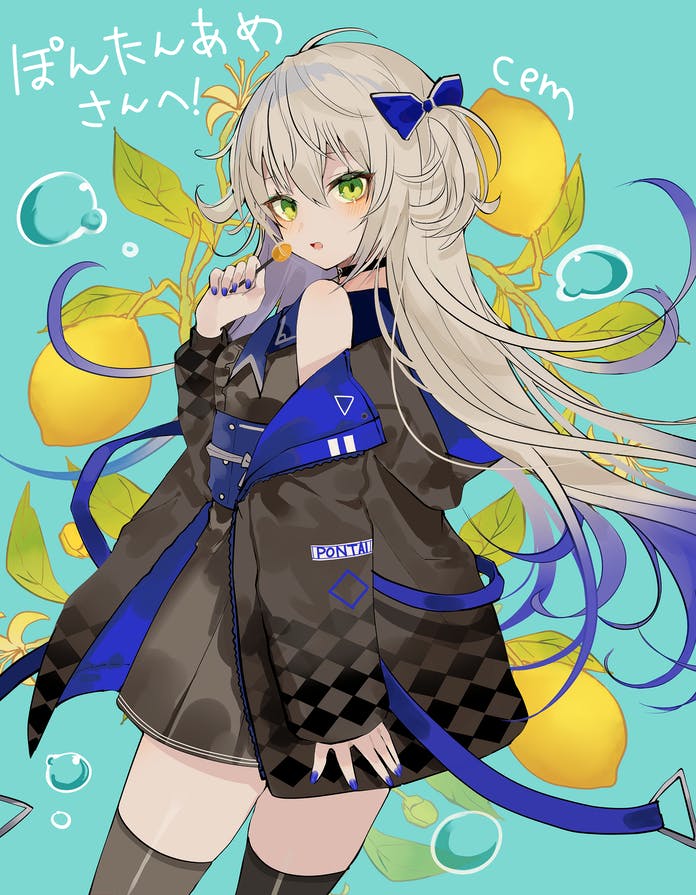 1girl blonde_hair blush candy chiemo_(xcem) commission dress facing_away food fruit green_eyes hair_ribbon holding holding_food lemon lollipop looking_at_viewer original pontaname_(vrchat) ribbon side_ponytail skeb_commission solo thigh-highs vrchat