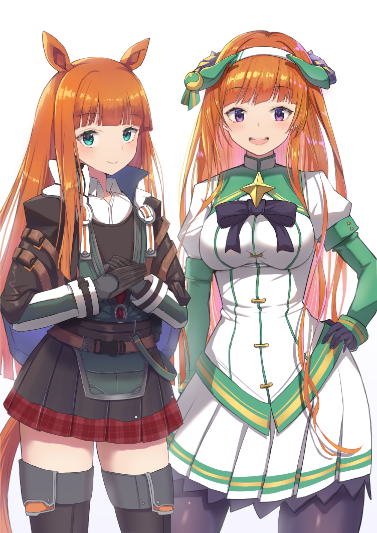 2girls :d animal_ears aqua_eyes arknights bagpipe_(arknights) bagpipe_(arknights)_(cosplay) black_bow black_gloves black_jacket bow breasts color_connection commentary_request cosplay costume_switch cowboy_shot gloves hair_color_connection hairband high_collar horse_ears jacket juliet_sleeves long_hair long_sleeves looking_at_viewer medium_breasts miniskirt multiple_girls orange_hair own_hands_together pantyhose plaid plaid_skirt pleated_skirt puffy_sleeves red_skirt shirt silence_suzuka_(umamusume) silence_suzuka_(umamusume)_(cosplay) simple_background skirt smile standing umamusume very_long_hair violet_eyes white_background white_hairband white_shirt white_skirt yuzuruka_(bougainvillea) zettai_ryouiki