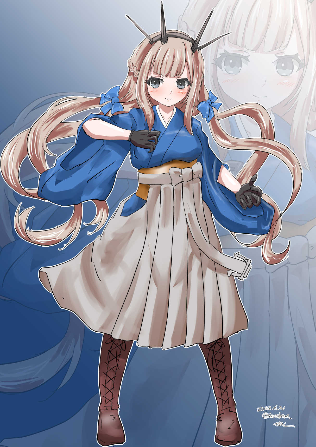 1girl alternate_costume between_breasts black_gloves blue_bow blue_kimono boots bow breasts brown_footwear cross-laced_footwear gloves grey_hakama hair_bow hairband hakama hakama_skirt headgear highres japanese_clothes kantai_collection kimono lace-up_boots light_brown_hair long_hair low_twintails maryland_(kancolle) meiji_schoolgirl_uniform senon skirt standing twintails zoom_layer