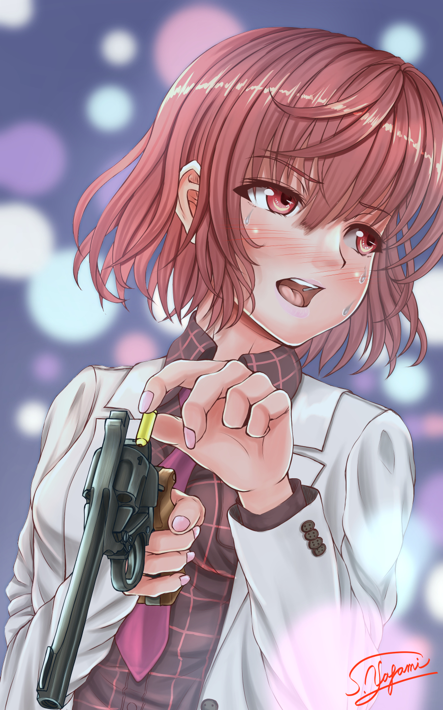 1girl bangs black_shirt blurry blurry_background bullet collared_shirt gun highres holding holding_gun holding_weapon horikawa_raiko jacket multicolored_background necktie open_mouth pink_nails plaid plaid_shirt purple_necktie red_eyes redhead shirt short_hair signature solo touhou upper_body weapon white_jacket yagamin258