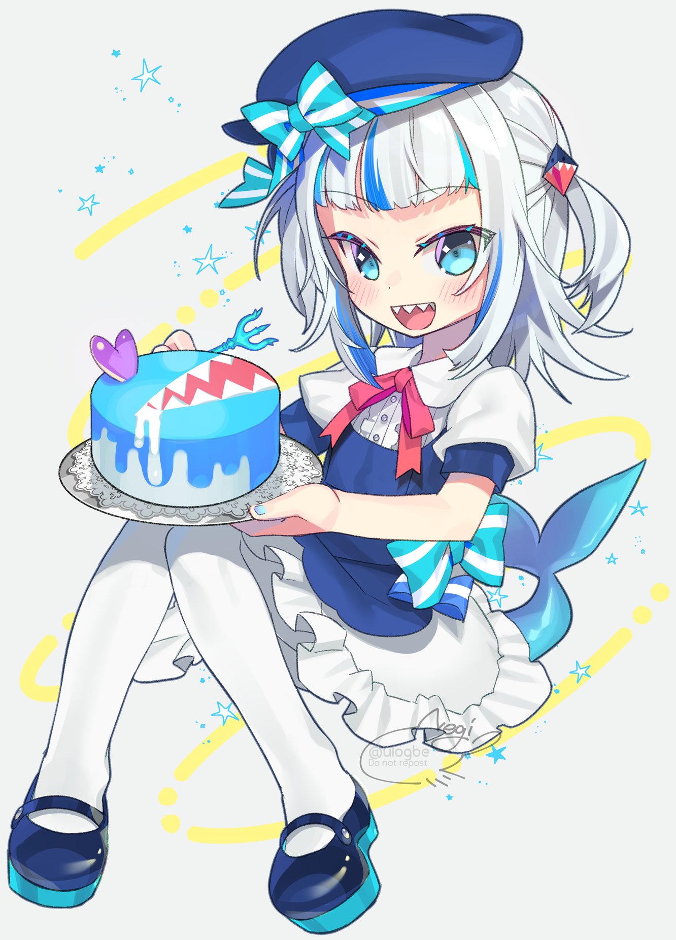 1girl :d aqua_bow aqua_eyes aqua_nails artist_name beret blue_footwear blue_headwear blush bow cake commentary_request fish_tail food fork frilled_skirt frills full_body gawr_gura hat highres holding holding_food holding_fork holding_plate hololive looking_at_viewer negi_(ulog'be) open_mouth plate puffy_sleeves ribbon shark_girl shark_tail sharp_teeth short_sleeves signature simple_background skirt smile solo star_(symbol) striped striped_ribbon tail teeth twitter_username white_background white_hair white_legwear