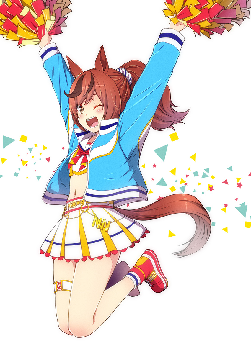 1girl ;d animal_ears arms_up blue_jacket brown_eyes brown_hair cheerleader crop_top highres horse_ears horse_girl horse_tail jacket kouji_(campus_life) legs_up looking_at_viewer midriff multicolored_hair navel nice_nature_(run&amp;win)_(umamusume) nice_nature_(umamusume) one_eye_closed pom_pom_(cheerleading) ponytail red_footwear roar_yell!_tracen_academy_cheerleading_squad_(umamusume) shoes skirt smile sneakers solo streaked_hair tail umamusume white_skirt