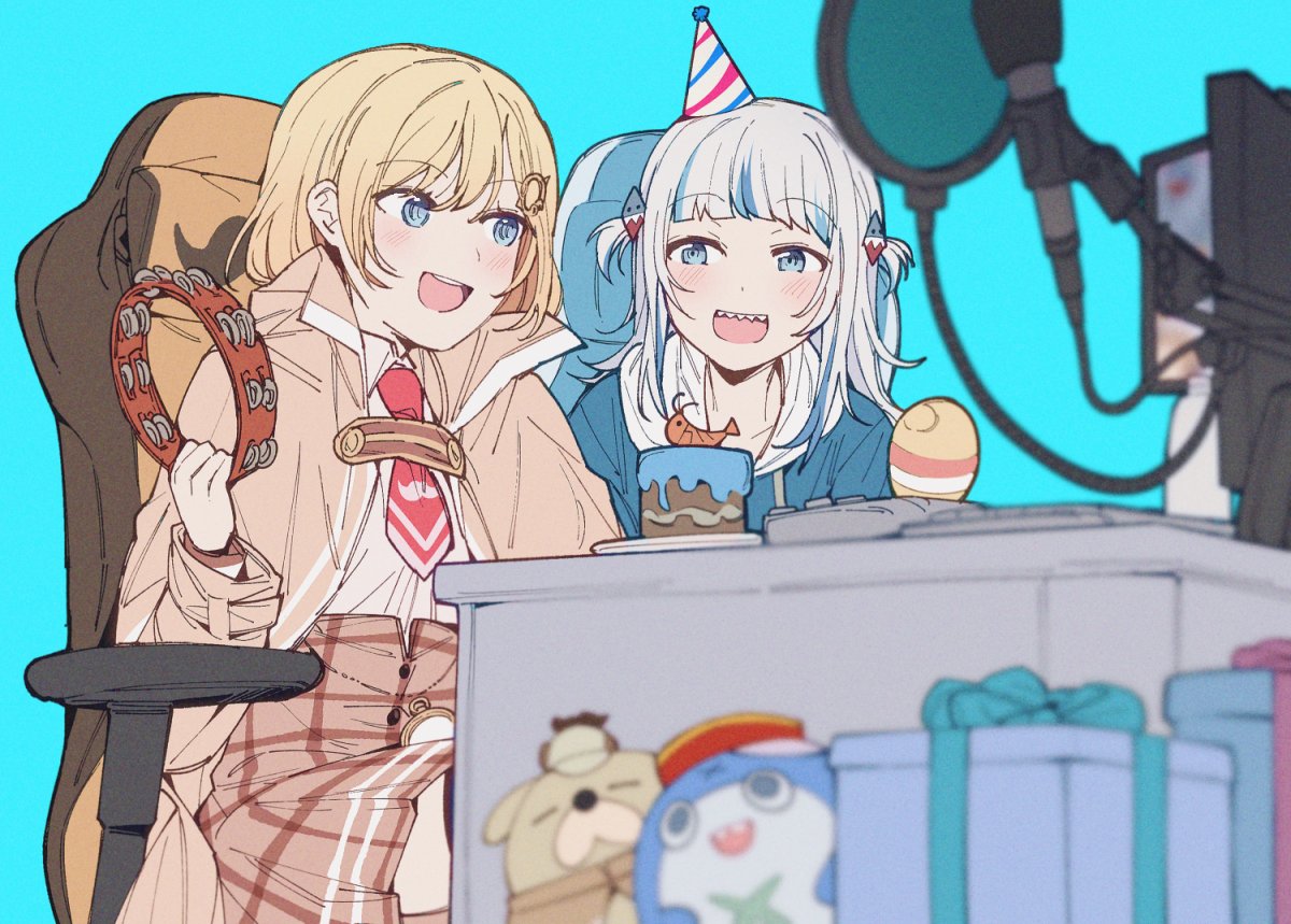 2girls :d aqua_background birthday blonde_hair bloop_(gawr_gura) blue_eyes blue_hair blue_sweater box brown_coat brown_skirt bubba_(watson_amelia) cake chair coat commentary drawstring english_commentary food gawr_gura gift gift_box hair_ornament hat hololive hololive_english instrument keyboard_(computer) maracas microphone mitsumine_(ookami_no_oyashiro) monitor multicolored_hair multiple_girls necktie office_chair open_clothes open_coat open_mouth party_hat plaid plaid_skirt red_necktie sharp_teeth shirt short_necktie shrimp simple_background skirt smile streaked_hair stuffed_animal stuffed_toy sweater tambourine teeth two_side_up upper_teeth watson_amelia white_shirt