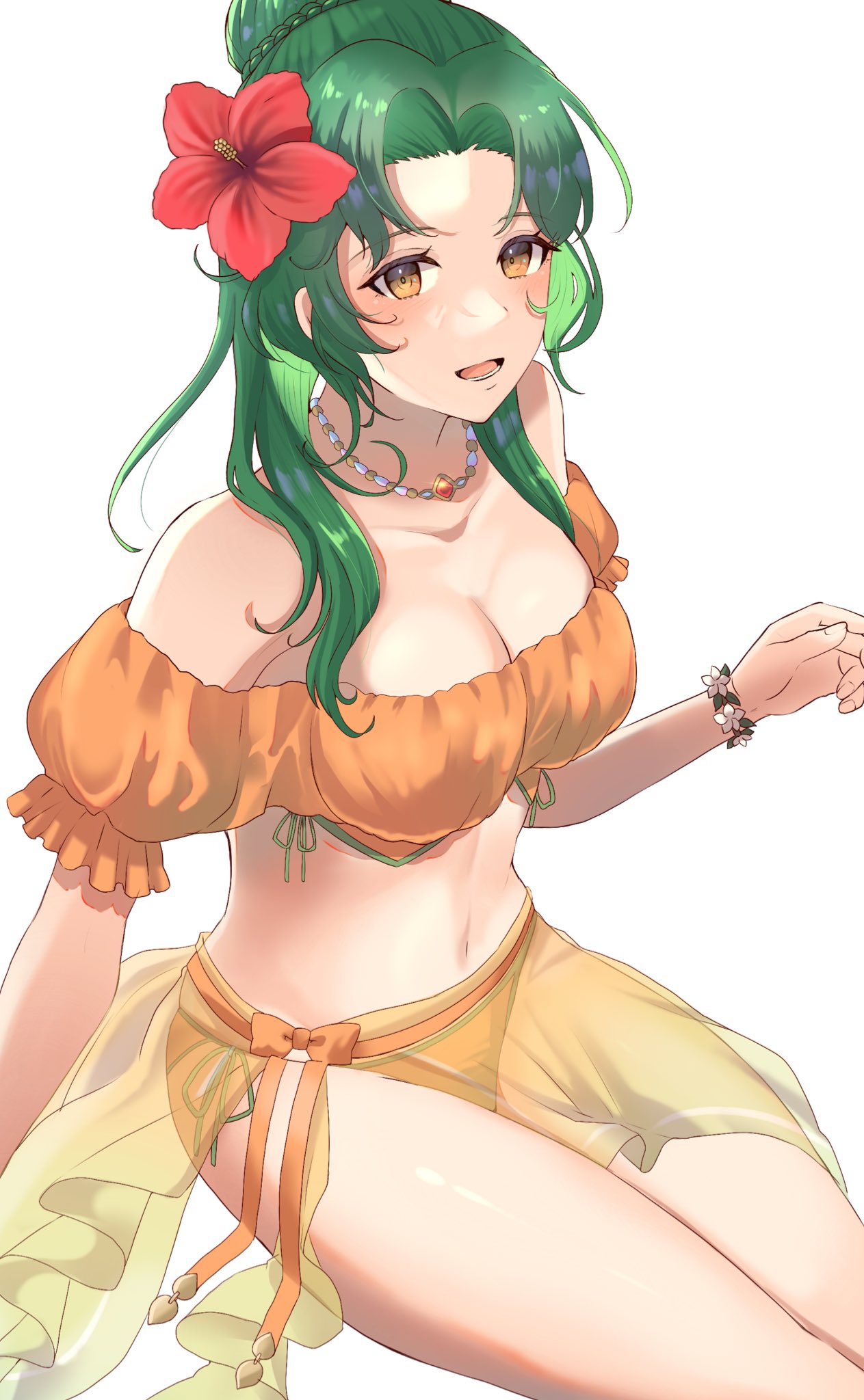 1girl bangs bikini breasts brown_eyes elincia_ridell_crimea fire_emblem fire_emblem:_path_of_radiance fire_emblem_heroes flower green_hair hair_ornament highres jewelry long_hair looking_at_viewer open_mouth smile solo swimsuit tyotto_ko_i yellow_eyes