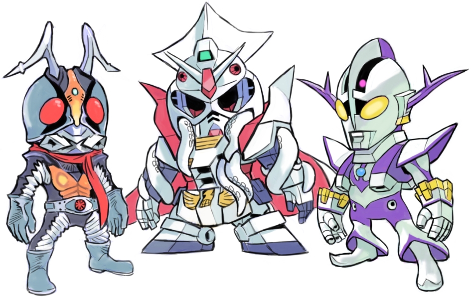 aburaya_tonbi alien chibi compati_hero crossover fusion gundam ikadevil kamen_rider kamen_rider_(series) kamen_rider_1 looking_at_viewer mecha mobile_suit_gundam multiple_crossover open_hands red_eyes robot rx-78-2 science_fiction tokusatsu ultra_series ultraman ultraman_(1st_series) white_background zeong zetton