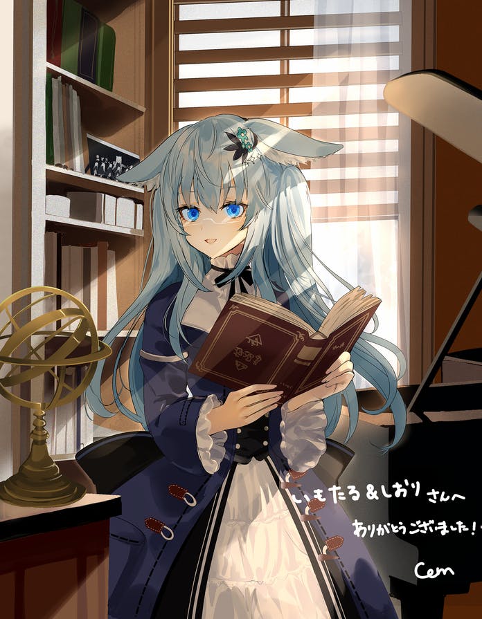 1girl animal_ears blue_eyes blue_hair book chiemo_(xcem) commission dress flower glasses hair_flower hair_ornament instrument long_hair long_sleeves open_mouth orb original piano skeb_commission solo very_long_hair vrchat window