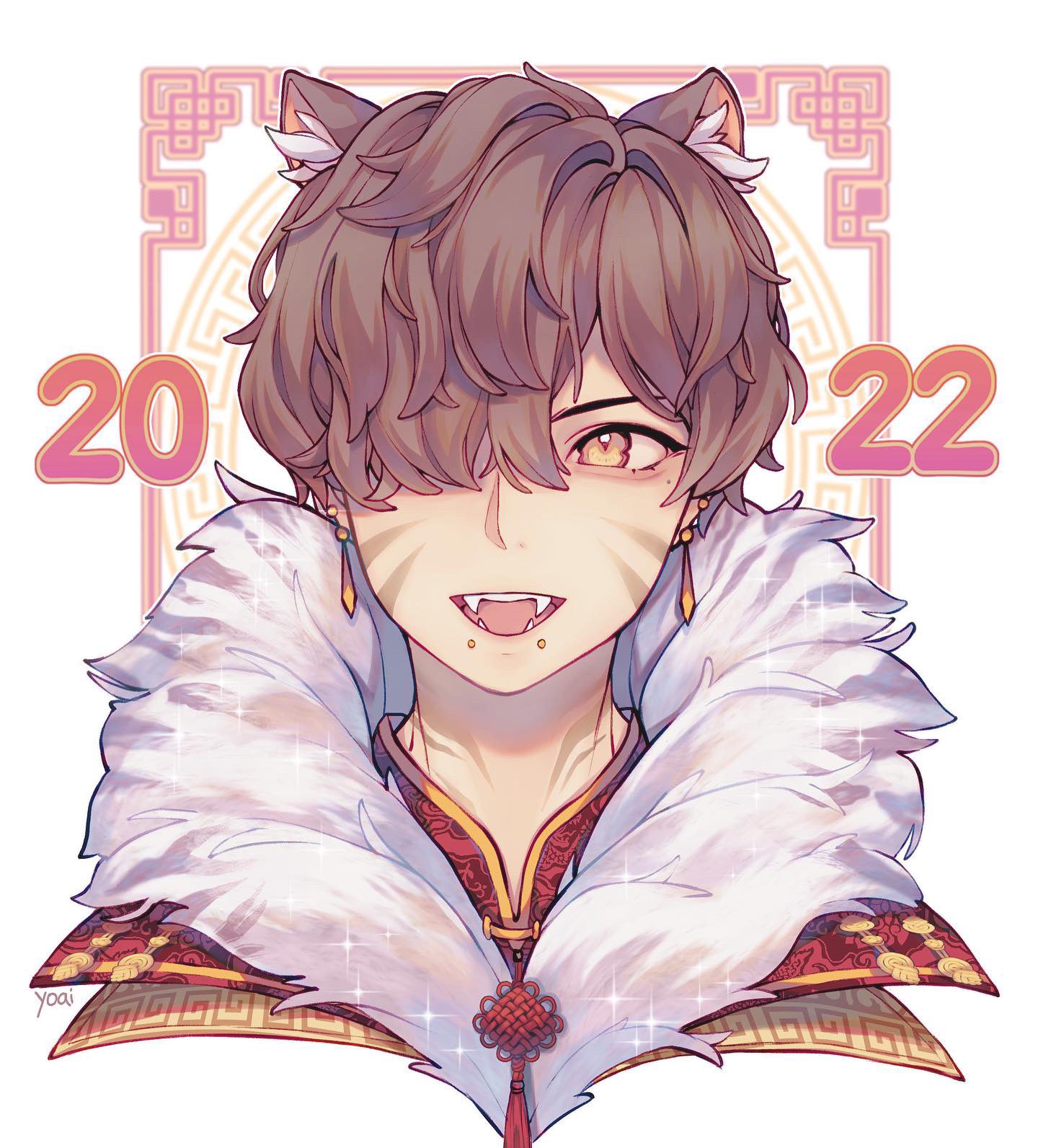 1boy 2022 animal_ear_fluff animal_ears anny_(yoai) artist_name bangs brown_hair cat_ears chinese_clothes chinese_commentary chinese_new_year commentary_request earrings facial_mark fur_collar green_eyes hair_between_eyes hair_over_one_eye highres jewelry looking_at_viewer messy_hair mole mole_under_eye original short_hair simple_background solo sparkle very_short_hair whisker_markings white_background