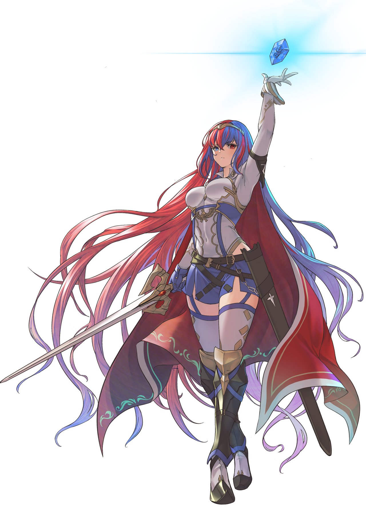 1girl alba alear_(fire_emblem) alear_(fire_emblem)_(female) armor blue_eyes blue_hair breasts cape dragonstone female_protagonist_(fire_emblem_engage) fire_emblem fire_emblem_17 fire_emblem_engage fire_emblem_heroes full_body gloves highres holding holding_sword holding_weapon intelligent_systems long_hair looking_at_viewer multicolored_hair nintendo official_art red_eyes redhead scabbard sheath solo sword thigh_strap thighs tiara two-tone_hair very_long_hair weapon