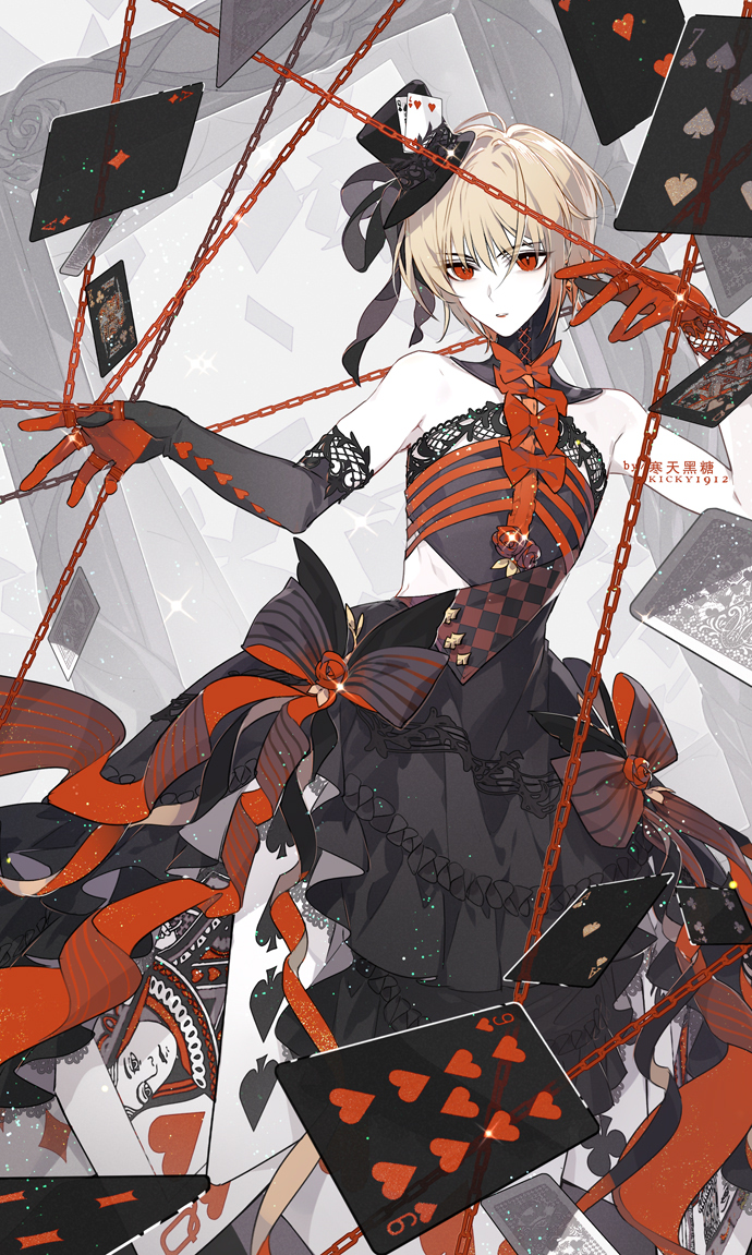 1girl asymmetrical_gloves bangs bare_shoulders black_dress black_hair blonde_hair card dress elbow_gloves gloves hat hunter_x_hunter kickylian kurapika playing_card red_eyes red_gloves short_hair solo