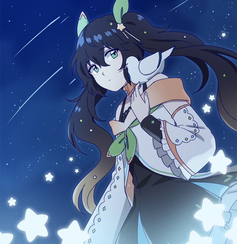 1girl bird collar commentary dark_blue_hair detached_sleeves dress english_commentary green_hair hair_ornament hair_ribbon izumitri lilly_(riri_zuran) original pigeon ribbon shooting_star sky solo star_(sky) star_(symbol) star_hair_ornament star_ornament starry_sky twintails