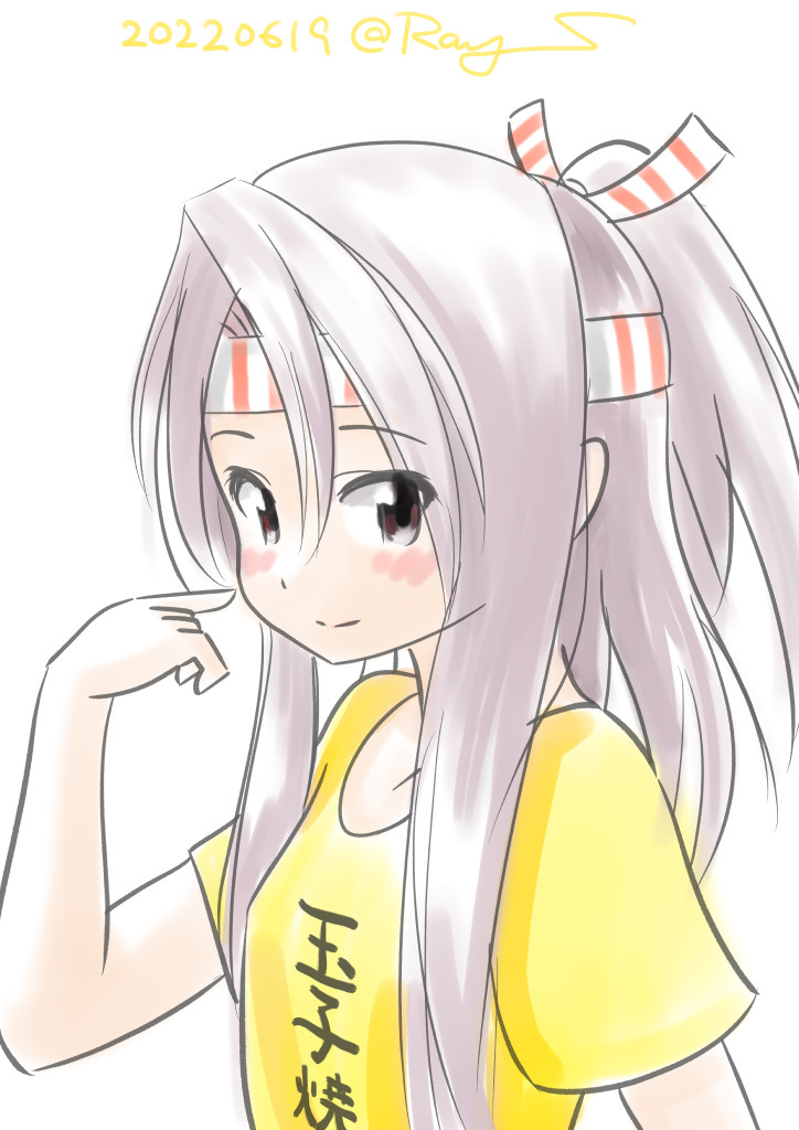 1girl alternate_costume brown_eyes clothes_writing dated grey_hair hachimaki headband high_ponytail kantai_collection long_hair one-hour_drawing_challenge pointing pointing_at_self ray.s shirt shitty_t-shirt_naval_base simple_background solo t-shirt twitter_username white_background yellow_shirt zuihou_(kancolle)