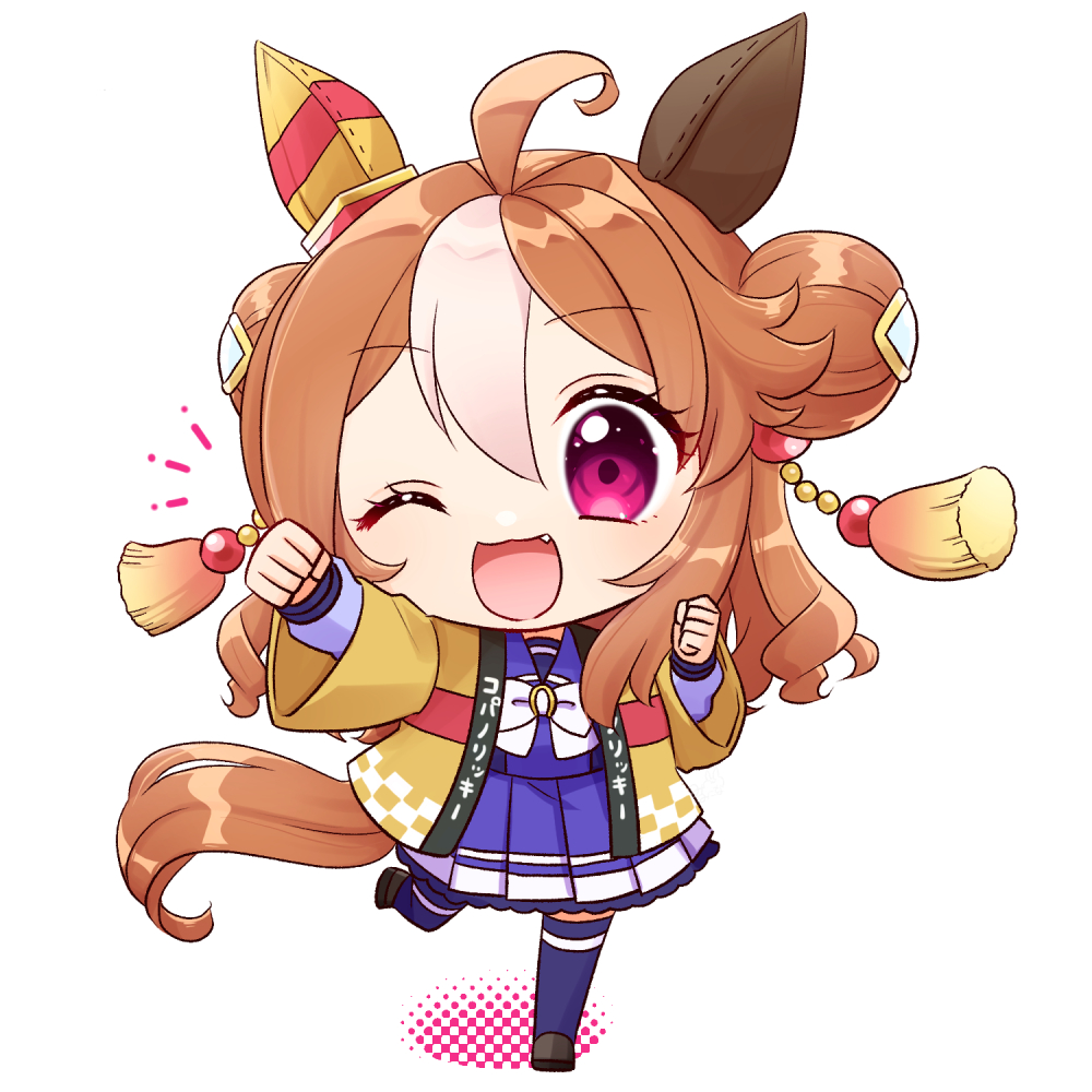 1girl :3 :d ahoge animal_ears arm_up bangs blush chibi clenched_hands copano_rickey_(umamusume) curly_hair double_bun dyed_bangs ear_covers fang hair_bun hand_up haori horse_ears horse_girl horse_tail horseshoe_ornament japanese_clothes long_hair long_sleeves mikona_honey notice_lines one_eye_closed open_mouth orange_hair pink_eyes school_uniform serafuku shoes skirt smile solo standing standing_on_one_leg tail tassel_hair_ornament thigh-highs tracen_school_uniform translation_request umamusume white_hair wide_sleeves