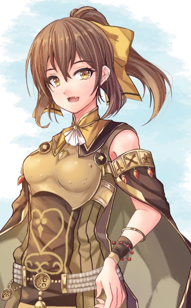 1girl armor bare_shoulders bow bracelet breastplate brown_cape brown_dress brown_eyes brown_hair cape delthea_(fire_emblem) dress fang fire_emblem fire_emblem_echoes:_shadows_of_valentia fire_emblem_heroes fuussu_(21-kazin) hair_bow hair_ribbon jewelry light_blush long_hair looking_at_viewer open_mouth ponytail ribbon sky smile solo striped striped_dress vertical-striped_dress vertical_stripes yellow_ribbon