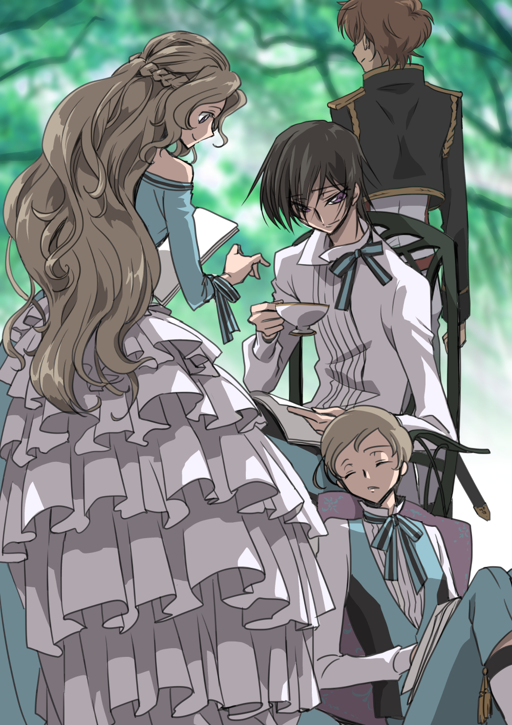 1girl 3boys black_jacket blue_pants blue_shirt blue_vest blurry blurry_background book_on_lap braid brown_hair closed_mouth code_geass cup day dress_shirt french_braid gun highres holding holding_gun holding_weapon jacket kururugi_suzaku layered_skirt lelouch_lamperouge long_hair long_skirt long_sleeves looking_down multiple_boys nunnally_lamperouge nuts_takahashi off-shoulder_shirt off_shoulder outdoors pants profile ribbon rolo_lamperouge shiny shiny_hair shirt short_hair sitting skirt sleeping smile standing striped striped_ribbon teacup very_long_hair vest violet_eyes weapon white_shirt white_skirt