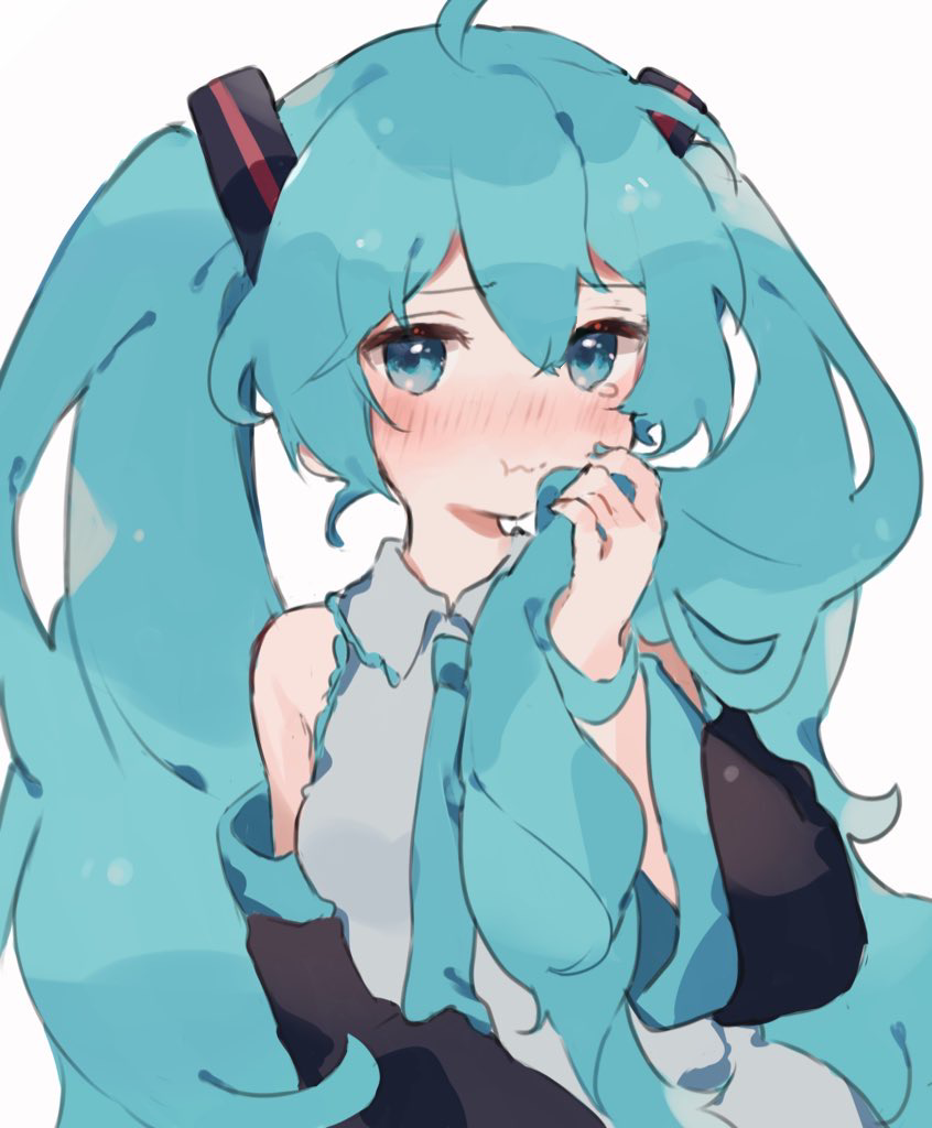 1girl :t ahoge aqua_eyes aqua_hair aqua_necktie bangs bare_shoulders blue_eyes blue_hair blush breasts closed_mouth collared_shirt detached_sleeves grey_shirt hair_between_eyes hair_ornament hair_over_shoulder hand_up hatsune_miku holding holding_hair long_hair looking_at_viewer necktie o_(jshn3457) pout shirt simple_background tears twintails upper_body vocaloid wavy_mouth white_background