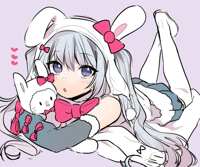 1girl animal_ears bare_shoulders blush bow cha_sakura eyebrows_visible_through_hair eyes_visible_through_hair fake_animal_ears fur_trim grey_eyes grey_hair grey_skirt hair_between_eyes hair_bow hatsune_miku heart holding holding_stuffed_toy long_hair looking_at_viewer lying on_rock open_mouth pink_bow purple_background rabbit_ears scarf simple_background skirt solo stuffed_animal stuffed_bunny stuffed_toy twintails very_long_hair vocaloid white_footwear white_legwear white_scarf