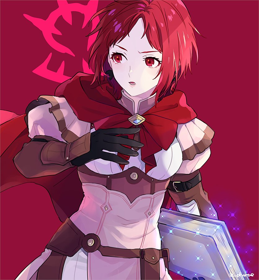 1girl belt belt_pouch black_panties book dress earrings fire_emblem fire_emblem:_three_houses fire_emblem_warriors:_three_hopes guttary holding holding_book jewelry light_particles looking_away looking_to_the_side monica_von_ochs panties pouch red_background red_eyes redhead short_hair simple_background solo sparkle twitter_username underwear upper_body