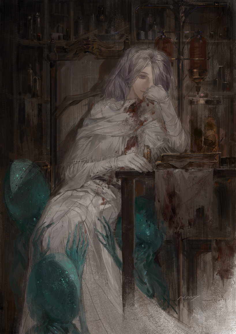 1girl blood blood_on_clothes blood_on_gloves bloodborne blue_nails blue_skin book book_stack chair colored_skin dress eldritch_abomination fingernails gloves grey_hair hair_over_one_eye head_rest horror_(theme) jar long_hair naux painterly parted_lips sitting solo_focus torn vial violet_eyes white_dress white_gloves