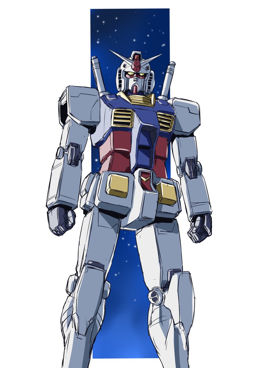 clenched_hands gundam highres looking_at_viewer mecha mobile_suit_gundam mobile_suit_gundam:_cucuruz_doan's_island no_humans robot rx-78-2 science_fiction sketch sky solo star_(sky) starry_sky taiga_hiroyuki v-fin yellow_eyes