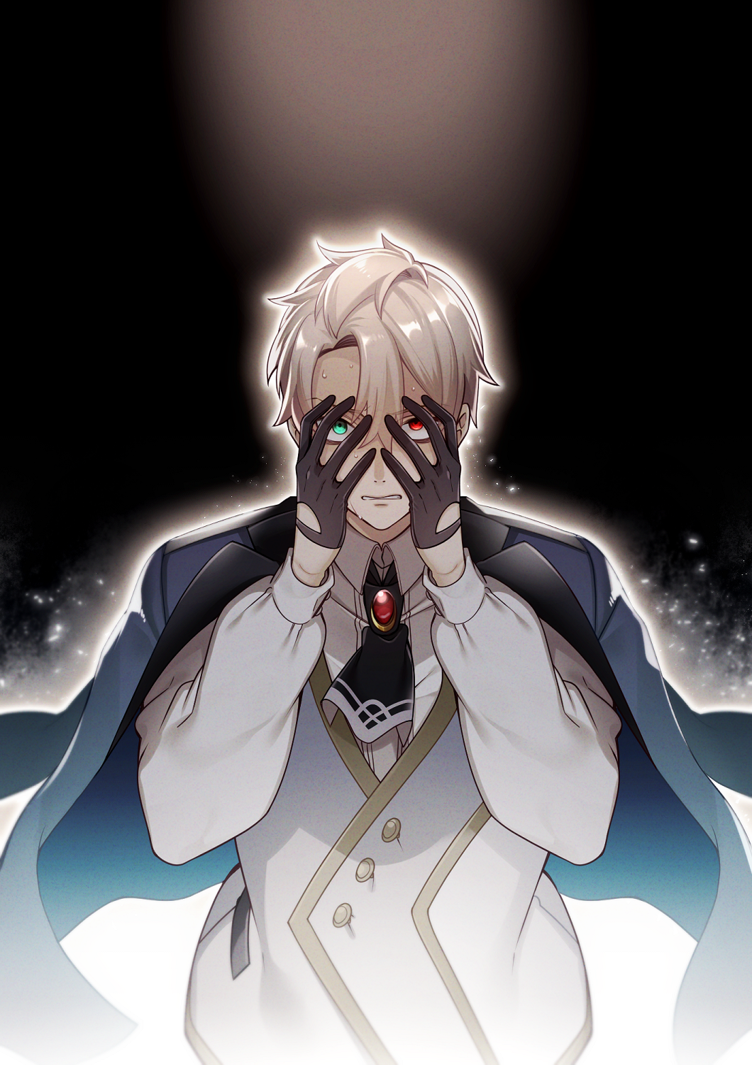 1boy ascot bangs black_ascot black_gloves black_jacket blonde_hair brooch clenched_teeth collared_shirt fate/grand_order fate_(series) gloves gradient gradient_background green_eyes grey_vest hair_between_eyes half_gloves hands_on_own_face heterochromia highres jacket jacket_on_shoulders jekyll_and_hyde_(fate) jewelry light_particles looking_at_viewer male_focus miyamakoume no_eyewear outline red_eyes sanpaku shirt short_hair solo straight-on sweat teeth vest waistcoat white_outline white_shirt