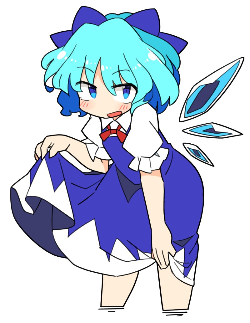 1girl blue_bow blue_dress blue_eyes blue_hair blush bow cirno collared_shirt cropped_legs detached_wings dress fairy hair_between_eyes hair_bow ice ice_wings ini_(inunabe00) open_mouth puffy_short_sleeves puffy_sleeves shirt short_hair short_sleeves simple_background smile solo touhou white_background white_shirt wings