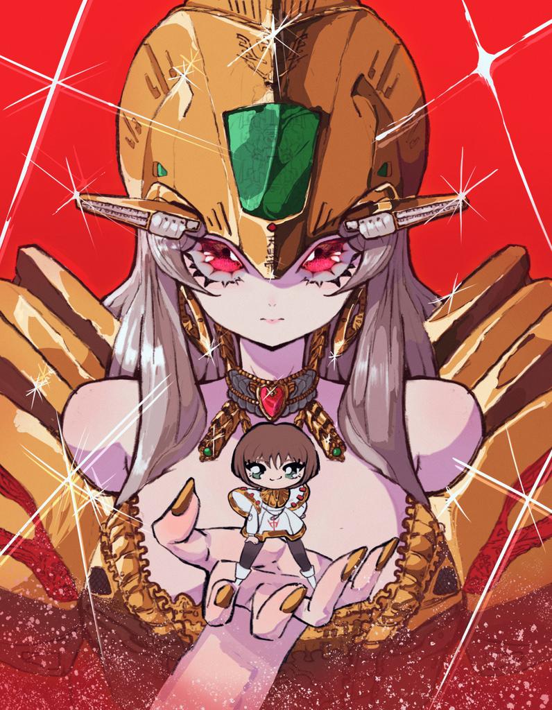2girls bare_shoulders brown_hair brown_nails chibi choker dress expressionless five_star_stories giant giantess green_eyes grey_hair humanization in_palm knight_of_gold lachesis_(five_star_stories) long_hair mecha_musume multiple_girls off_shoulder open_hand red_background red_eyes san-ban_senji_cha_gubigubi smile white_dress