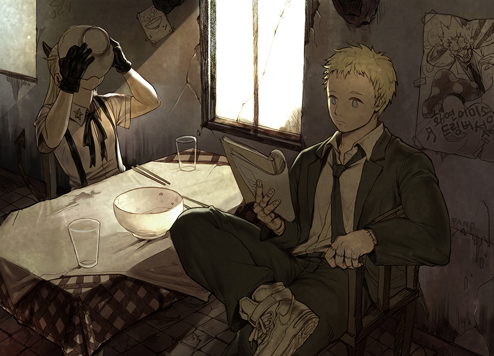 1boy 1girl black_gloves black_jacket black_necktie black_pants blonde_hair blue_eyes book bowl chair chopsticks collared_shirt covered_face cracked_glass cracked_wall crossed_legs cup day demon_girl demon_horns demon_tail dorohedoro drinking_glass en_(dorohedoro) english_text formal gloves grey_hair hands_up holding holding_book holding_bowl horns indoors jacket long_hair long_sleeves necktie noi_(dorohedoro) pano_(pixiv21450527) pants plaid poster_(object) reading red_eyes shin_(dorohedoro) shirt shoes short_hair short_sleeves sitting_sideways stitched_fingers suit suspenders table tablecloth tail tile_floor tiles white_footwear white_shirt window
