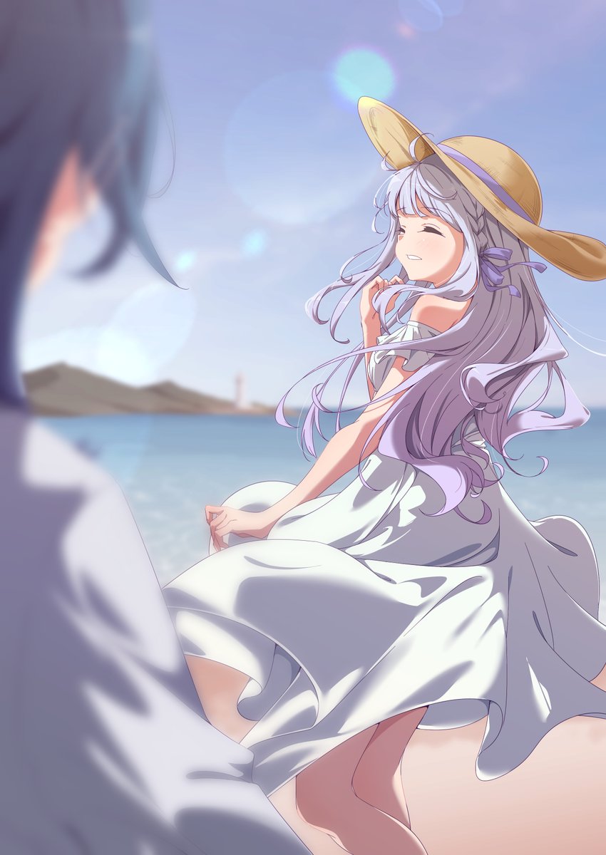 2girls aizawa_kazuha assault_lily bangs bare_shoulders beach blue_hair blue_sky blurry blurry_background blurry_foreground braid brown_headwear closed_eyes commentary_request day depth_of_field dress facing_away feet_out_of_frame floating_hair from_side grey_hair grin hair_ornament hair_ribbon hairclip hand_up hat hat_ribbon highres horizon kon_kanaho lens_flare lighthouse long_hair long_sleeves multiple_girls ocean off-shoulder_dress off_shoulder outdoors parted_lips precision purple_ribbon ribbon shirt side_braid sidelocks sky sleeveless sleeveless_dress smile solo_focus standing sun_hat sundress wavy_hair white_dress white_shirt