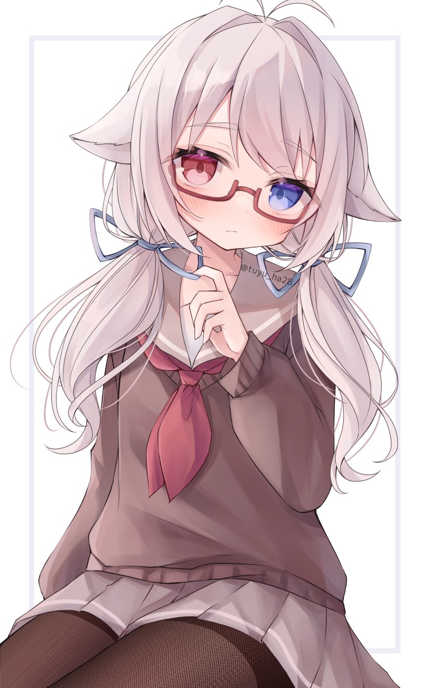 1girl animal_ears black_legwear blue_bow blue_eyes blush bow brown_sweater closed_mouth collarbone commission glasses grey_hair hair_bow hair_ribbon heterochromia highres long_hair long_sleeves looking_at_viewer low_twintails neckerchief original pantyhose pleated_skirt red_eyes red_neckerchief ribbon ringouulu sailor_collar school_uniform semi-rimless_eyewear simple_background skeb_commission skirt sweater twintails under-rim_eyewear white_background yukino_ko_(yukino_shiratama)