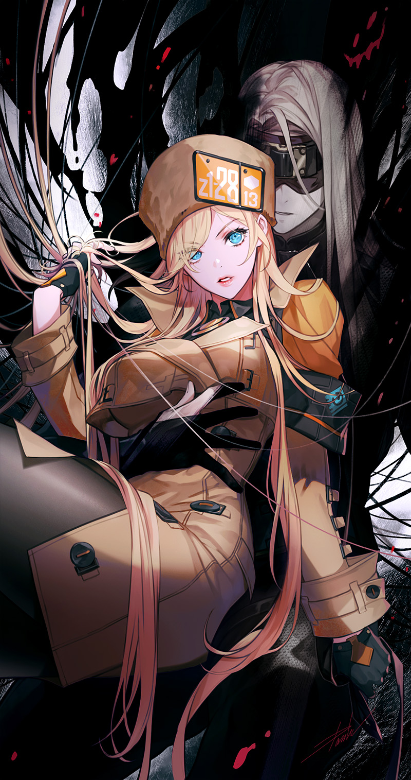 ! 1boy 1girl armband black_gloves blonde_hair blue-eyes_white_dragon blue_eyes brown_headwear danhu eddie_(guilty_gear) eye_mask eyebrows_visible_through_hair eyes_visible_through_hair fingerless_gloves gloves grey_gloves guilty_gear hand_in_own_hair hat heart highres holding light_blue_eyes living_shadow long_hair mask millia_rage monster pantyhose parted_lips partially_fingerless_gloves pink_lips shadow signature very_long_hair zato-1