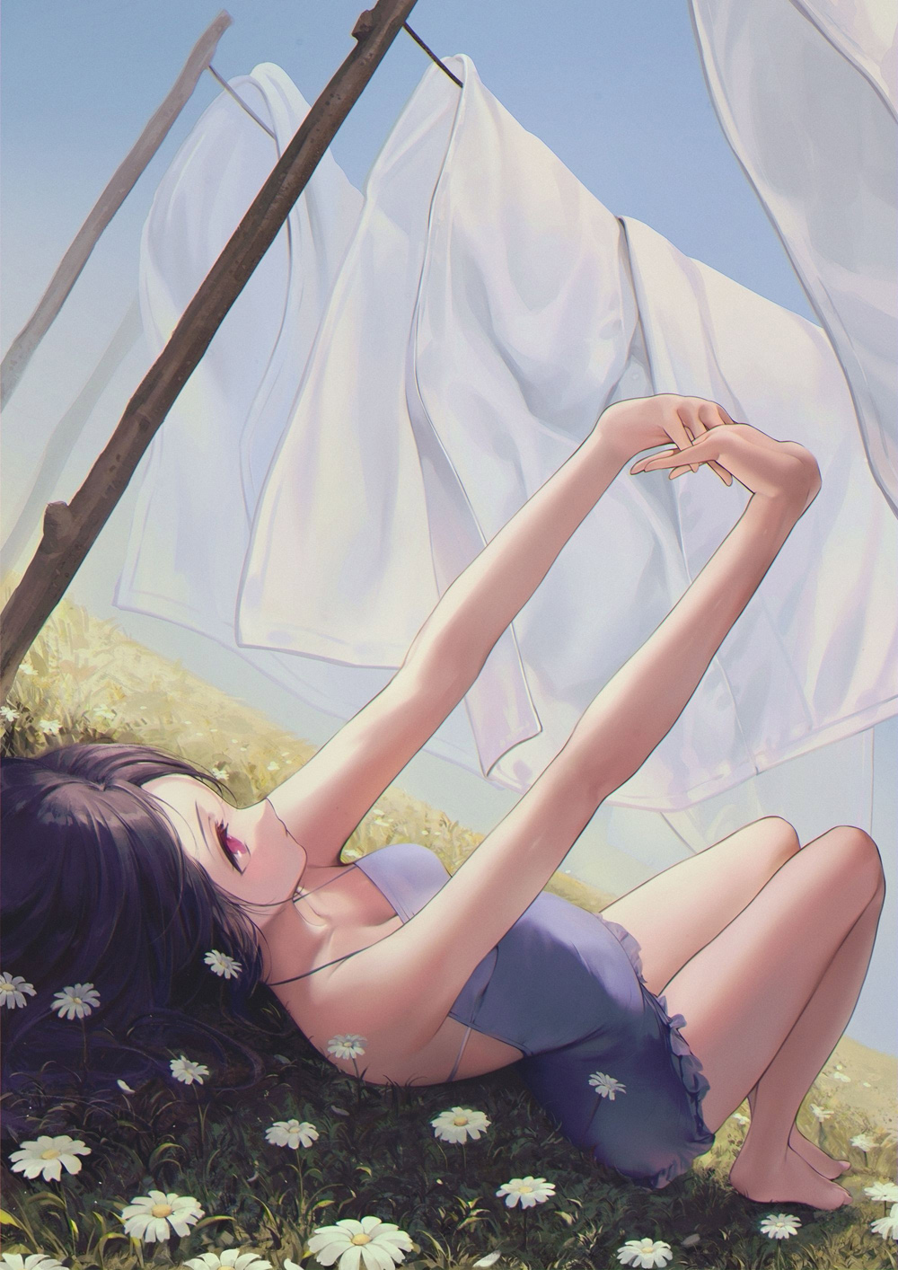 1girl bare_arms bare_legs barefoot black_hair blush clothesline collarbone dress drying drying_clothes flower grass highres laundry_pole lying minncn original own_hands_together red_eyes solo stretch