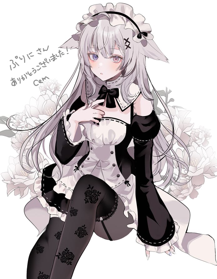 1girl animal_ears blue_eyes cat_ears cat_girl chiemo_(xcem) commission facing_viewer grey_hair heterochromia lace-trimmed_legwear lace_trim long_hair looking_at_viewer maid maid_headdress original skeb_commission solo very_long_hair violet_eyes vrchat white_background