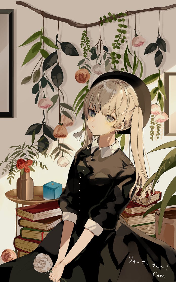 1girl blonde_hair book book_stack chiemo_(xcem) closed_mouth commission flower frown grey_eyes hat long_hair looking_at_viewer original rose skeb_commission solo twintails vase vrchat