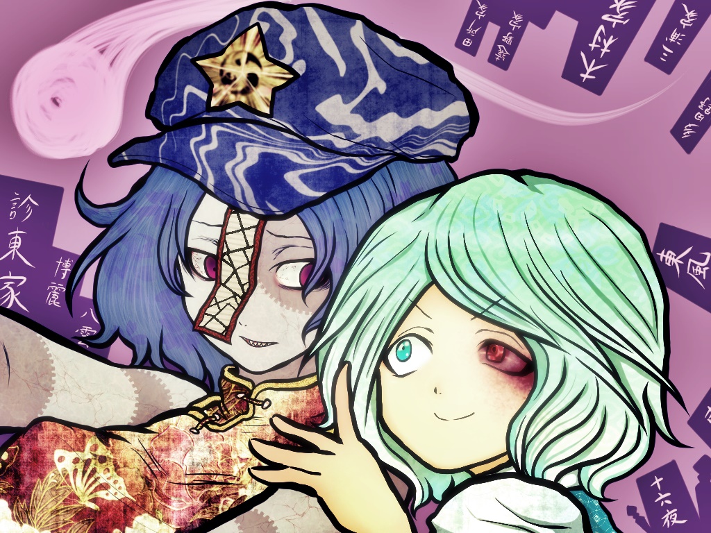 2girls bangs bloodshot_eyes blue_eyes blue_hair cabbie_hat closed_mouth hat hat_ornament heterochromia hitodama jiangshi looking_at_another miazuma_sarin miyako_yoshika multiple_girls ofuda outstretched_arms patchwork_skin red_eyes sharp_teeth short_hair smile star_(symbol) star_hat_ornament tatara_kogasa teeth third-party_source touhou translation_request violet_eyes zombie_pose