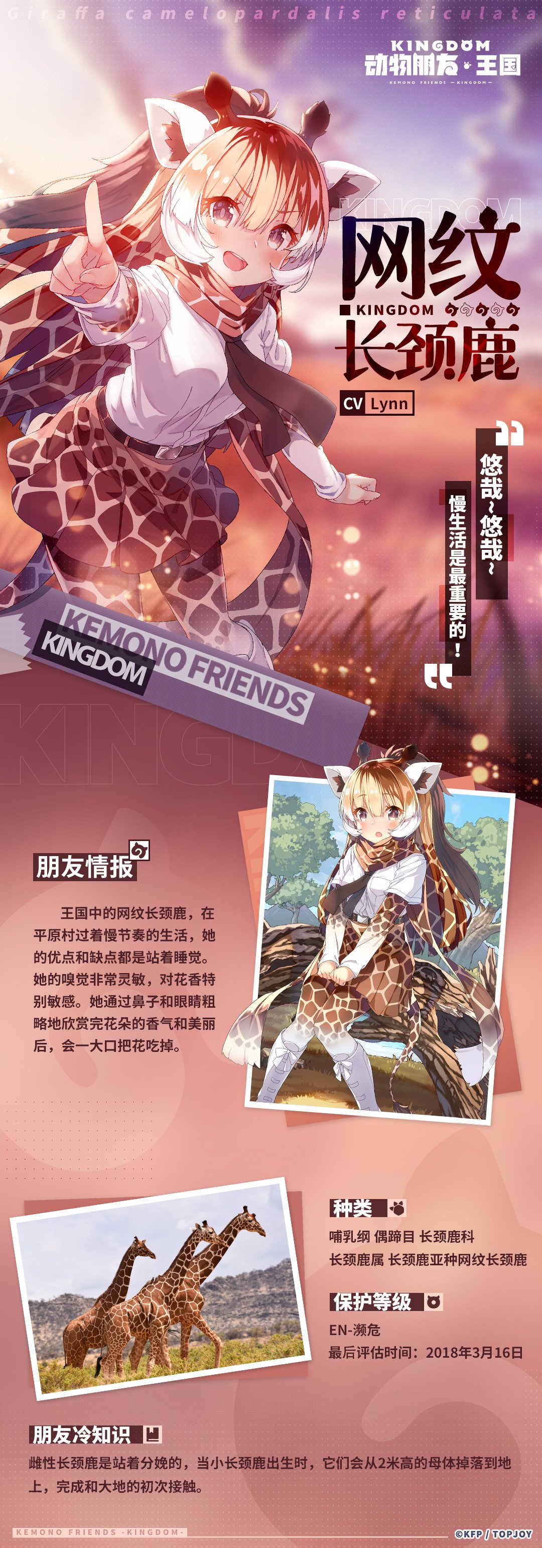 1girl absurdres animal animal_costume animal_ear_fluff animal_ears belt giraffe giraffe_costume giraffe_ears giraffe_girl giraffe_horns giraffe_print giraffe_tail highres horns kemono_friends kemono_friends_kingdom kneehighs long_hair looking_at_viewer nature necktie official_art open_mouth photo_(object) reticulated_giraffe_(kemono_friends) scarf shirt skirt solo tail