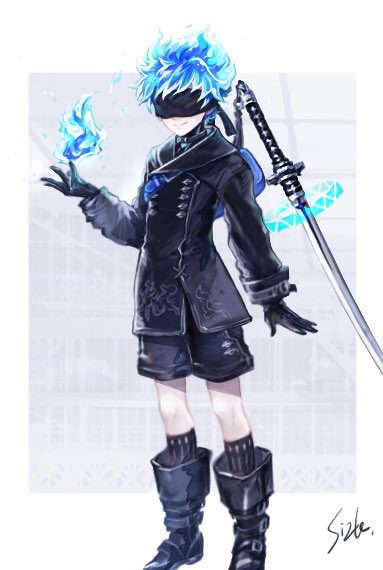 1boy backpack bag black_blindfold black_footwear black_gloves black_jacket black_legwear black_shorts blindfold blue_fire blue_hair boots cosplay covered_eyes fiery_hair fire floating floating_object floating_weapon gloves hand_up jacket knee_boots kneehighs lauren-cin long_sleeves male_focus nier_(series) nier_automata ortho_shroud short_hair shorts smile solo standing sword twisted_wonderland weapon yorha_no._9_type_s yorha_no._9_type_s_(cosplay)