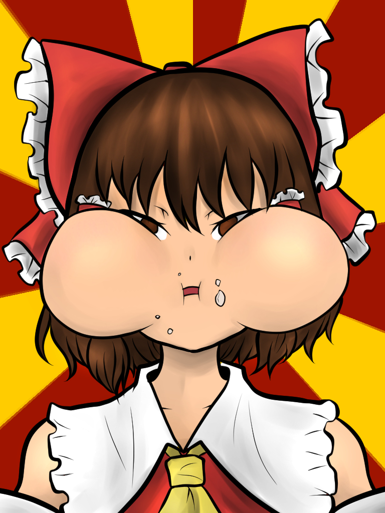 1girl ascot bangs bow brown_eyes brown_hair collared_shirt detached_sleeves food food_on_face frilled_hair_tubes frilled_shirt_collar frills hair_bow hair_tubes hakurei_reimu looking_at_viewer miazuma_sarin open_mouth puffy_cheeks red_bow red_shirt shirt short_hair sleeveless sleeveless_shirt solo sunburst sunburst_background third-party_source touhou upper_body white_sleeves yellow_ascot