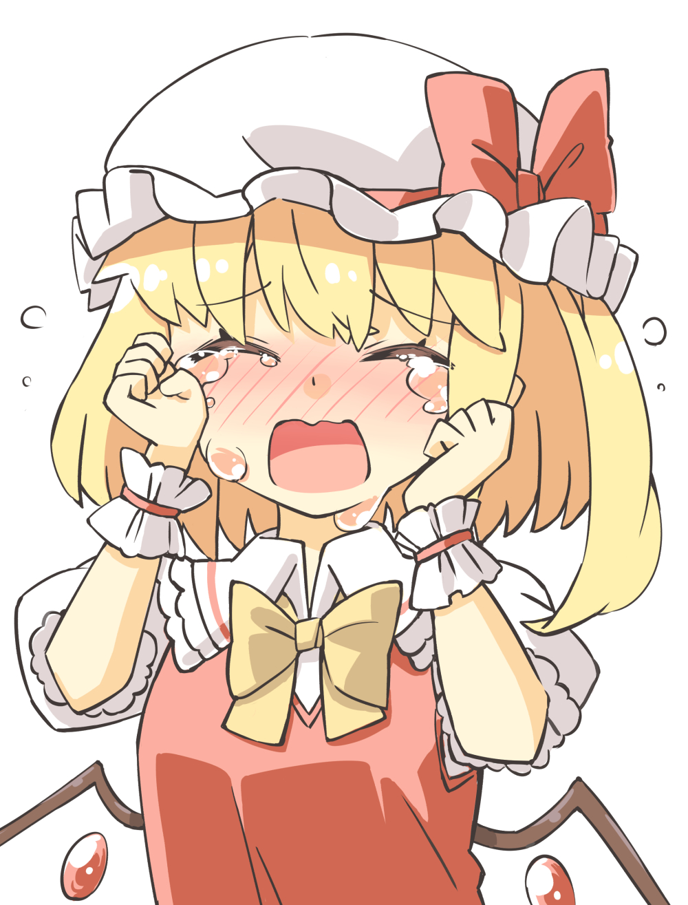 &gt;_&lt; 1girl arnest bangs blonde_hair blush bow bowtie closed_eyes collared_shirt crying crystal facing_viewer flandre_scarlet flying_teardrops frilled_shirt_collar frilled_sleeves frills frown furrowed_brow hands_up hat hat_bow highres mob_cap one_side_up open_mouth puffy_short_sleeves puffy_sleeves red_bow red_vest shirt short_hair short_sleeves simple_background solo tears touhou upper_body vest wavy_mouth white_background white_headwear white_shirt wings wiping_tears wrist_cuffs yellow_bow yellow_bowtie