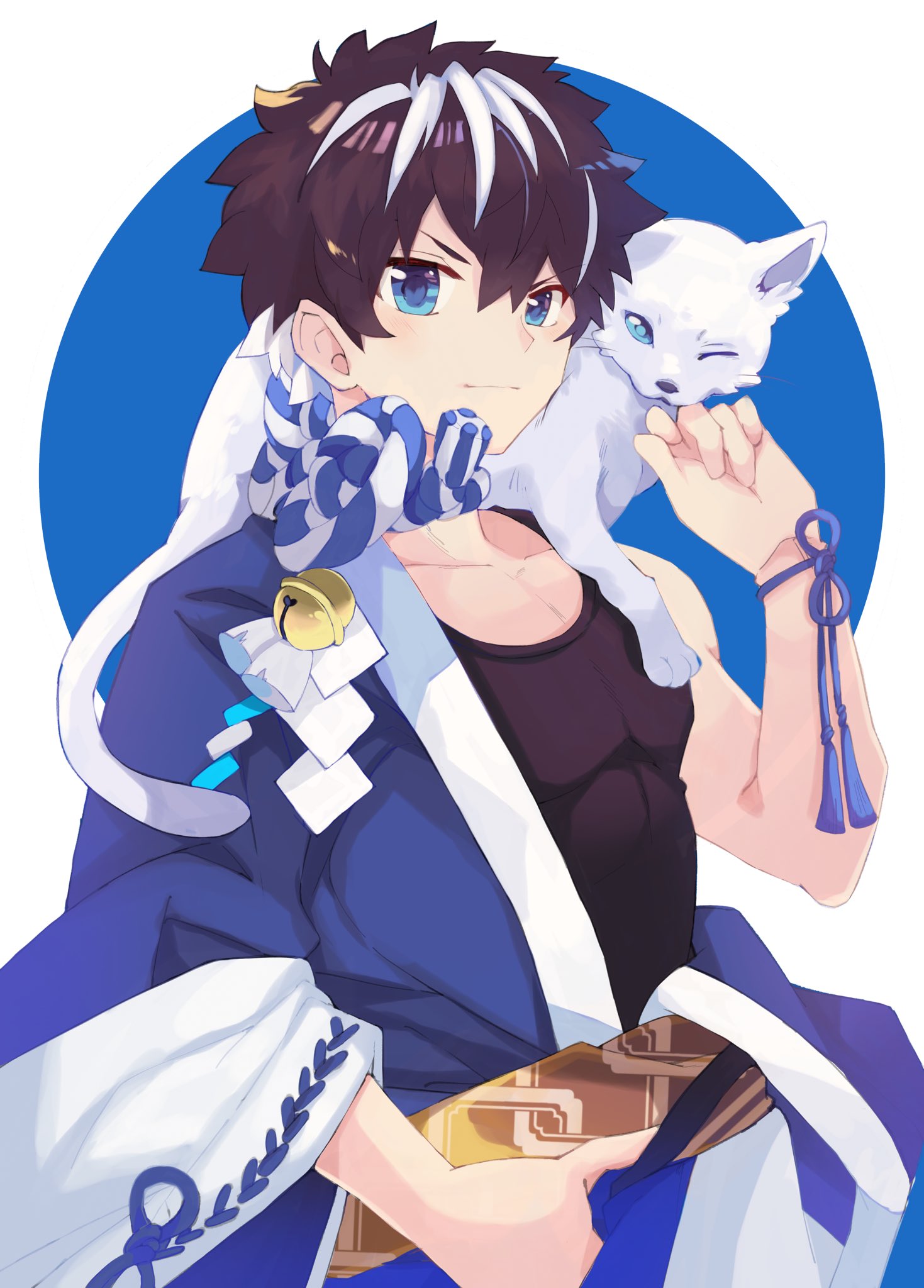 1boy animal animal_on_shoulder bangs bell black_hair black_tank_top blue_eyes blue_kimono cat charlemagne_(fate) closed_mouth fate/extella fate/extella_link fate/extra fate/grand_order fate_(series) highres japanese_clothes jingle_bell kamigokuin kimono male_focus multicolored_hair pectorals short_hair smile tank_top two-tone_hair white_cat white_hair wide_sleeves