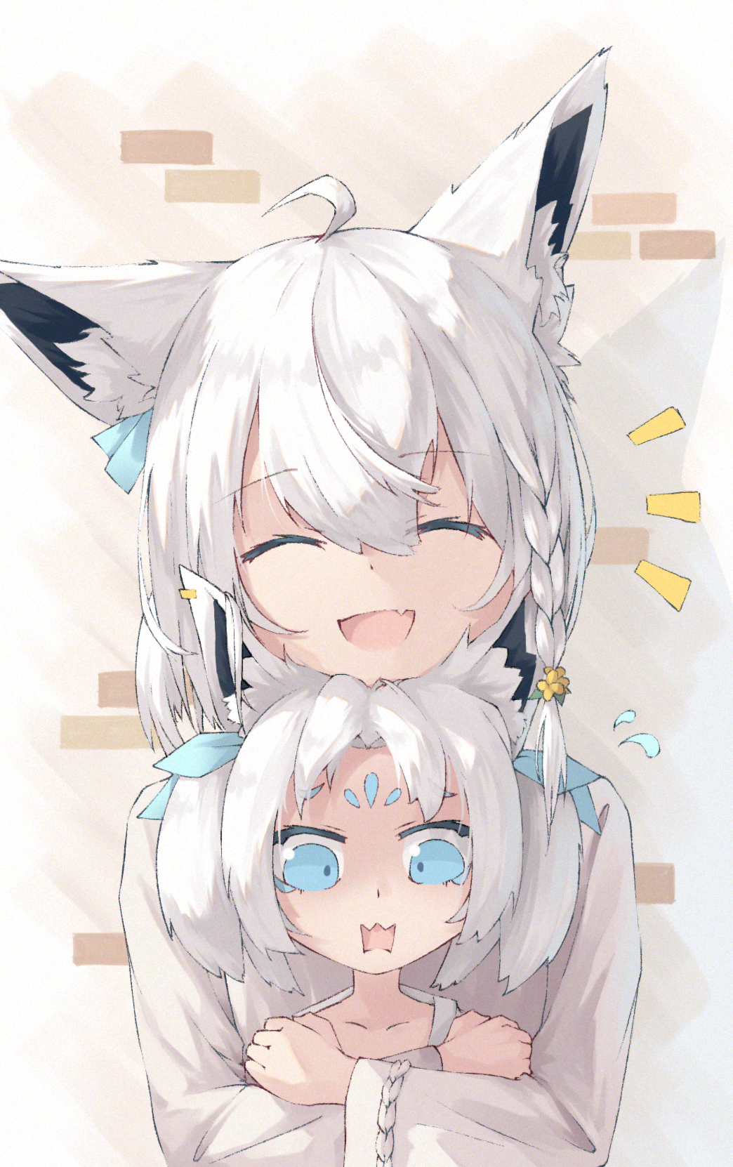 2girls ahoge animal_ear_fluff animal_ears bangs blue_eyes bookey closed_eyes collarbone commentary_request earrings fang flying_sweatdrops fox_ears fox_girl hair_between_eyes hair_ribbon highres hololive hug hug_from_behind jewelry long_hair looking_at_viewer multiple_girls notice_lines open_mouth personification ribbon shirakami_fubuki shirt short_hair sidelocks skin_fang smile sukonbu_(shirakami_fubuki) twintails virtual_youtuber wavy_mouth white_hair white_shirt