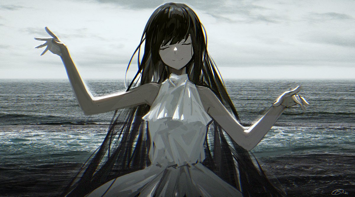 1girl artist_request bangs bare_arms bare_shoulders brown_hair closed_eyes clouds cloudy_sky dress floating_scarf long_hair ocean ress sky sleeveless sleeveless_dress smile solo very_long_hair water white_dress