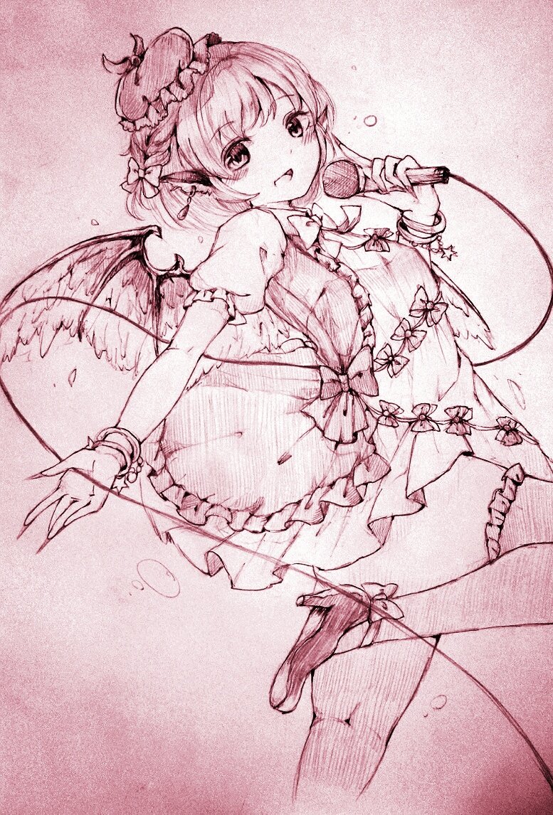 1girl adapted_costume animal_ears bird_ears bird_wings blush dress earrings fingernails frilled_dress frilled_sleeves frills hat high_heels holding holding_microphone jewelry kukiwakame long_fingernails microphone monochrome mystia_lorelei open_mouth puffy_short_sleeves puffy_sleeves sharp_fingernails short_hair short_sleeves single_earring smile solo thigh-highs touhou traditional_media wings