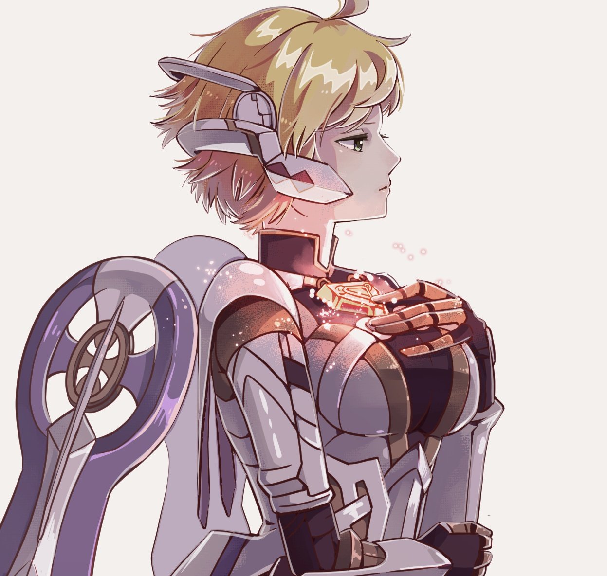 1girl ahoge armor blonde_hair breasts cyborg detached_sleeves fiora_(xenoblade) green_eyes mecha-fiora medium_breasts short_hair simple_background solo wings xenoblade_chronicles_(series) xenoblade_chronicles_1 yamayamag1