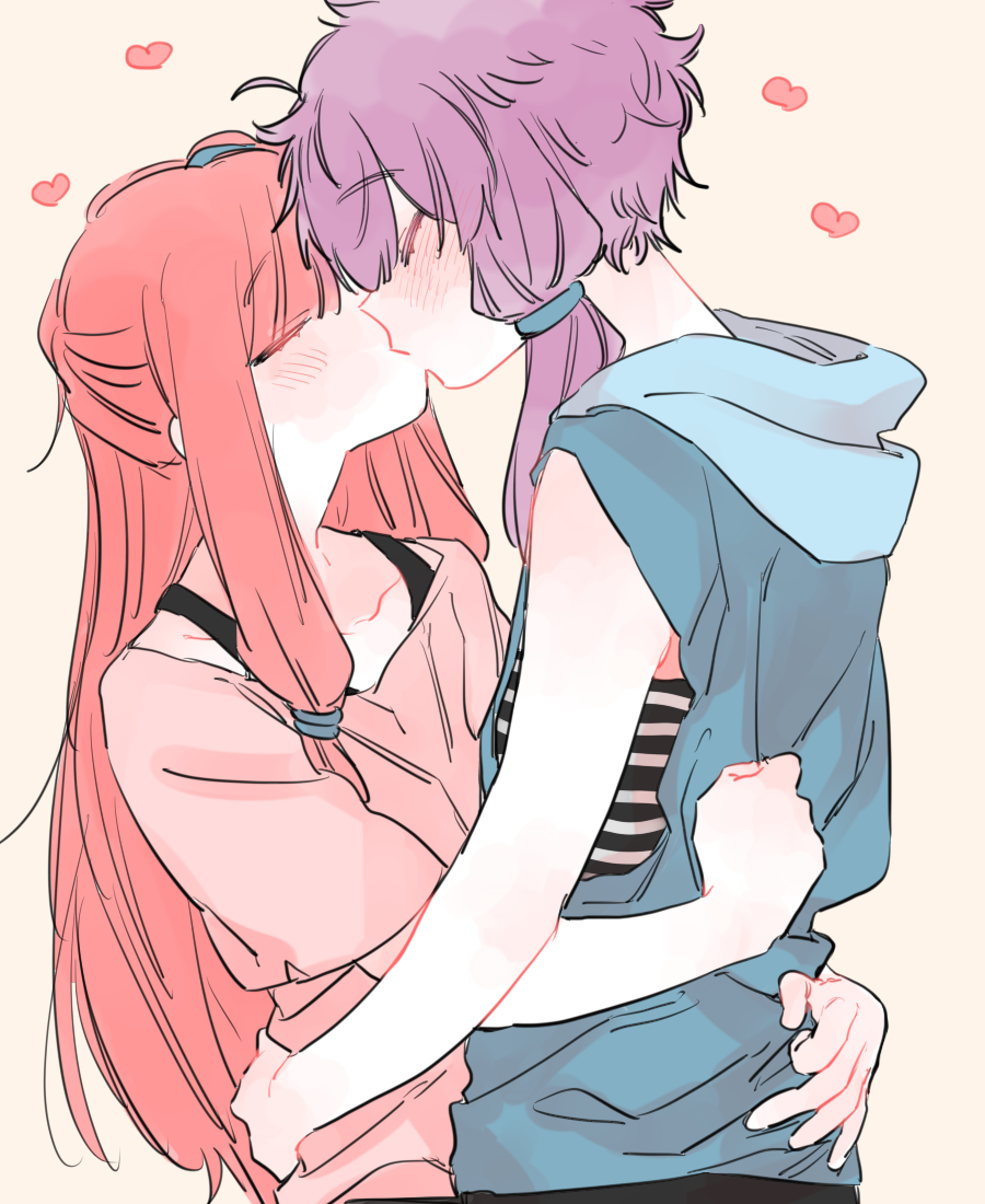 2girls black_tank_top blue_hoodie blue_ribbon blush closed_eyes hair_ribbon heart hood hoodie hug kiss kotonoha_akane long_hair low_twintails multiple_girls mutual_hug open_mouth pink_hair pink_shirt purple_hair ribbon shirt short_hair_with_long_locks short_sleeves sleeveless sleeveless_hoodie tank_top torigara_cha twintails violet_eyes vocaloid voiceroid yuri yuzuki_yukari