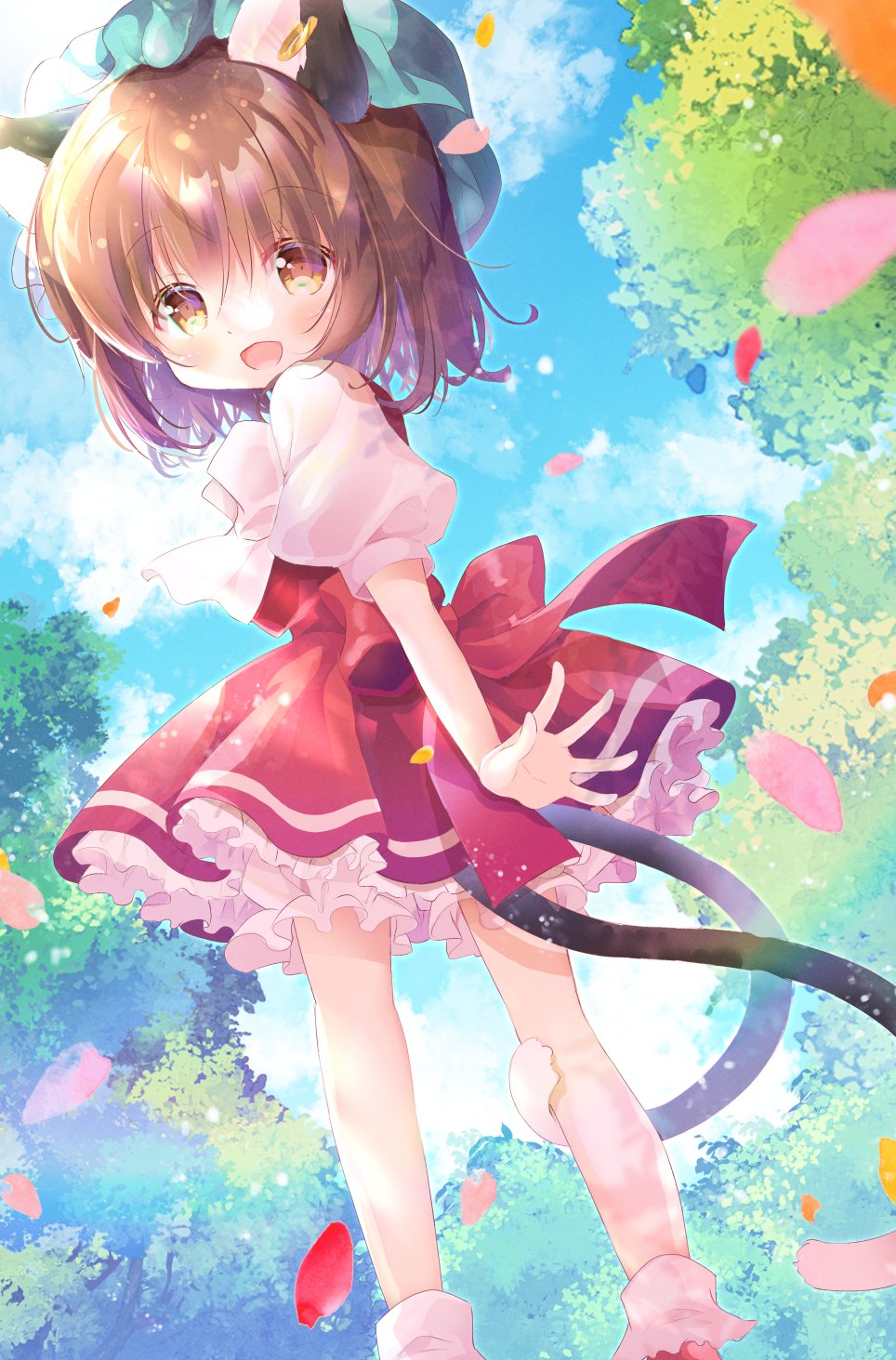 1girl animal_ear_fluff animal_ears bloomers blush brown_eyes brown_hair cat_ears cat_girl cat_tail chen clouds dress from_behind fukaya_rin green_headwear hat highres looking_back multiple_tails open_mouth outdoors red_dress shirt short_dress short_hair short_sleeves sky smile socks solo tail touhou tree underwear white_bloomers white_shirt