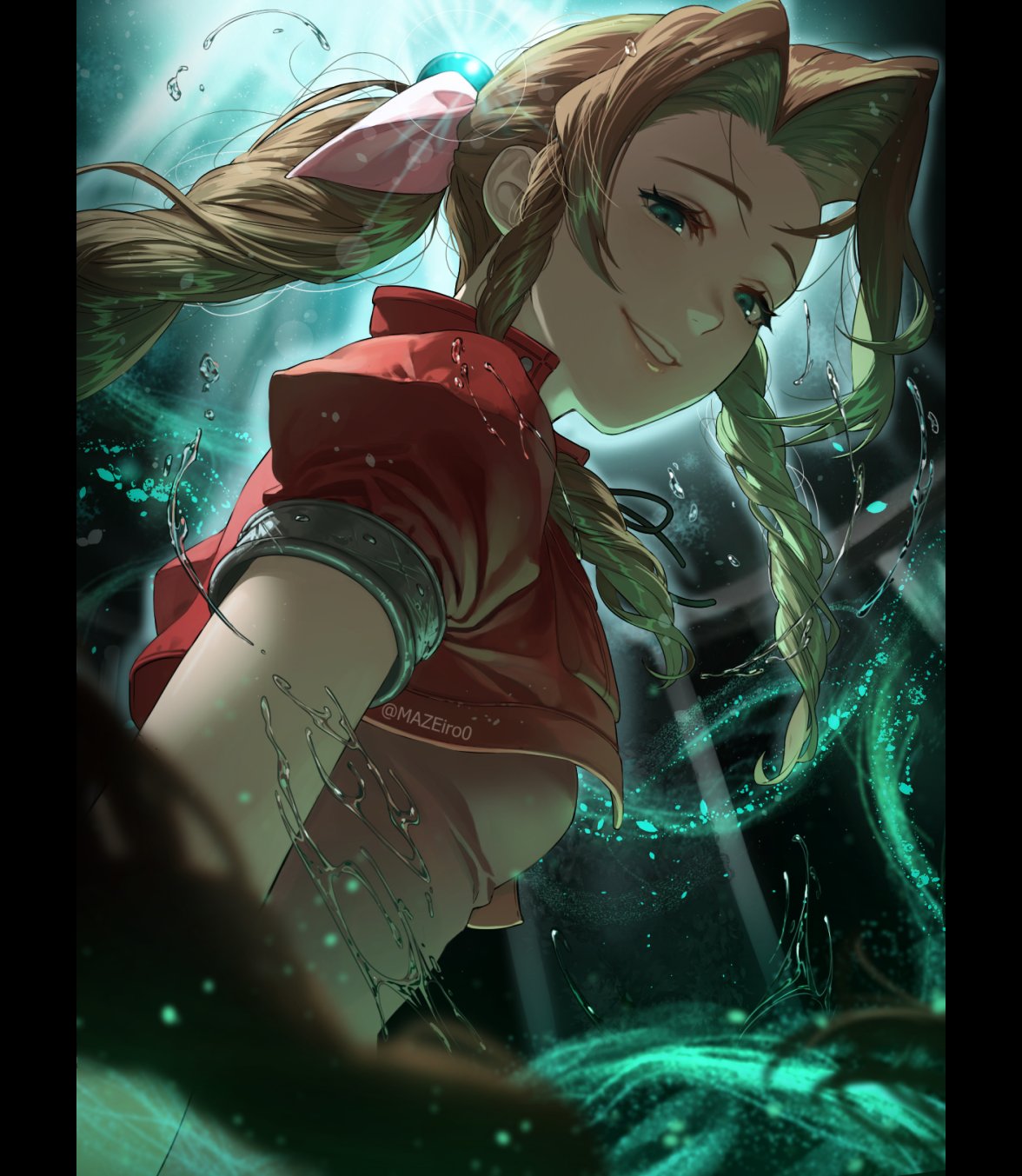 1girl aerith_gainsborough asymmetrical_bangs bangs braid braided_ponytail breasts brown_hair cropped_jacket dress final_fantasy final_fantasy_vii green_eyes hair_ribbon highres jacket lifestream long_hair looking_at_viewer materia maze_draws medium_breasts parted_bangs parted_lips pillarboxed pink_dress red_jacket ribbon sidelocks smile solo teeth upper_body water_drop wavy_hair